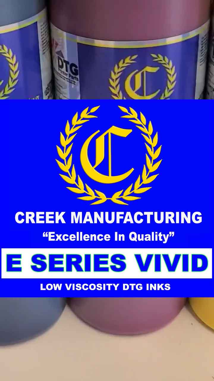 Creek Manufacturing ink bottles with logo and text on a blue background