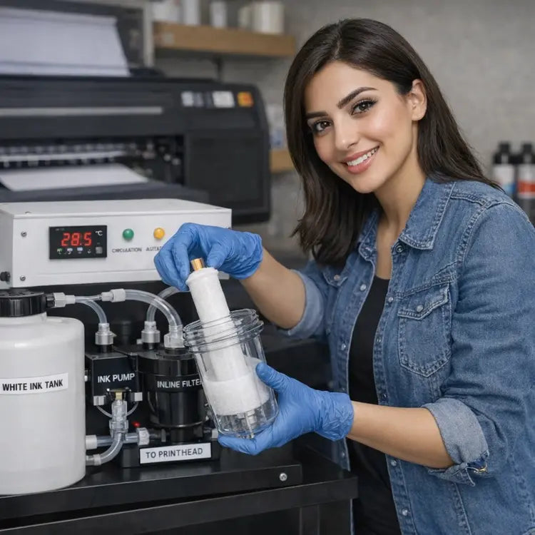 beautiful girl changing a dtf ink filter