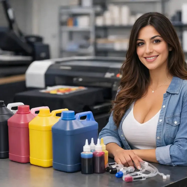 bulk dtg ink in print shop with woman