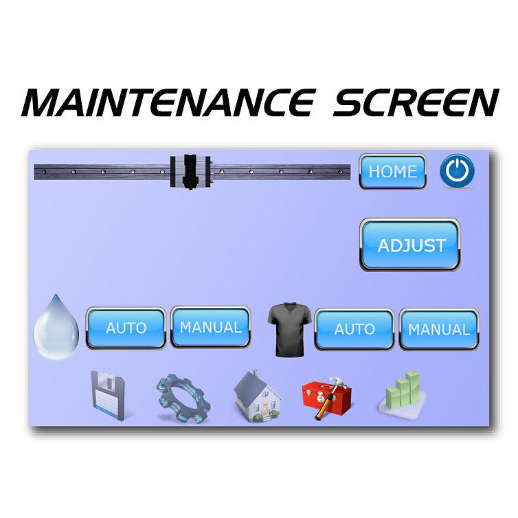 A digital schematic or screenshot of a maintenance screen interface with various buttons, icons, and controls on a light purple background.