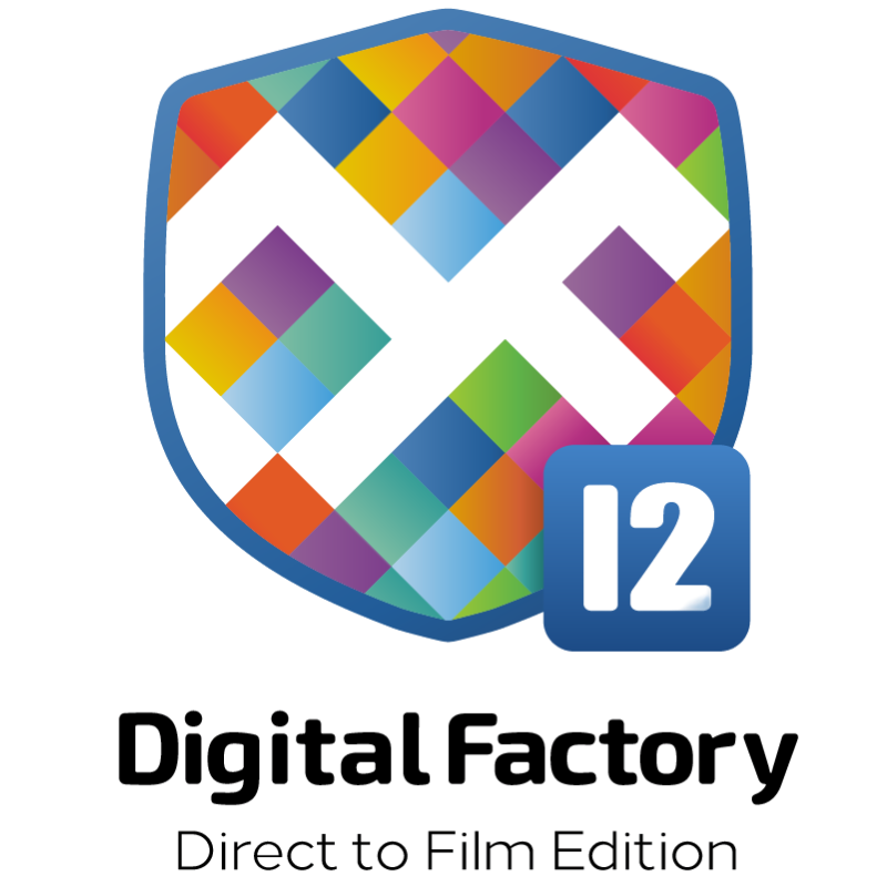Digital Factory Direct to Film Edition logo featuring a colorful shield with a white X and a blue badge with &