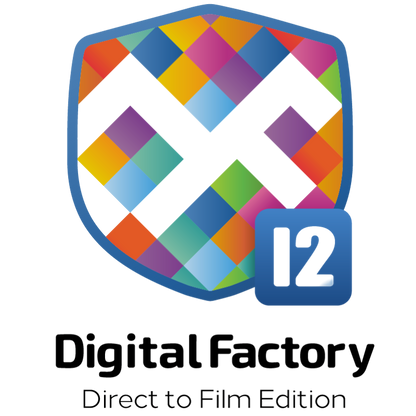 Digital Factory Direct to Film Edition logo featuring a colorful shield with a white X and a blue badge with &