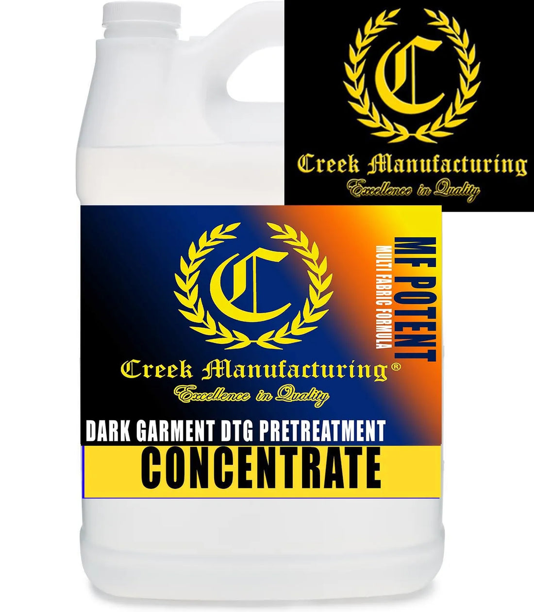 Creek MF-Multi Fabric POTENT DARK Garment DTG Pretreat (CONCENTRATE) bottle with yellow, blue label; DTG Printer Parts now