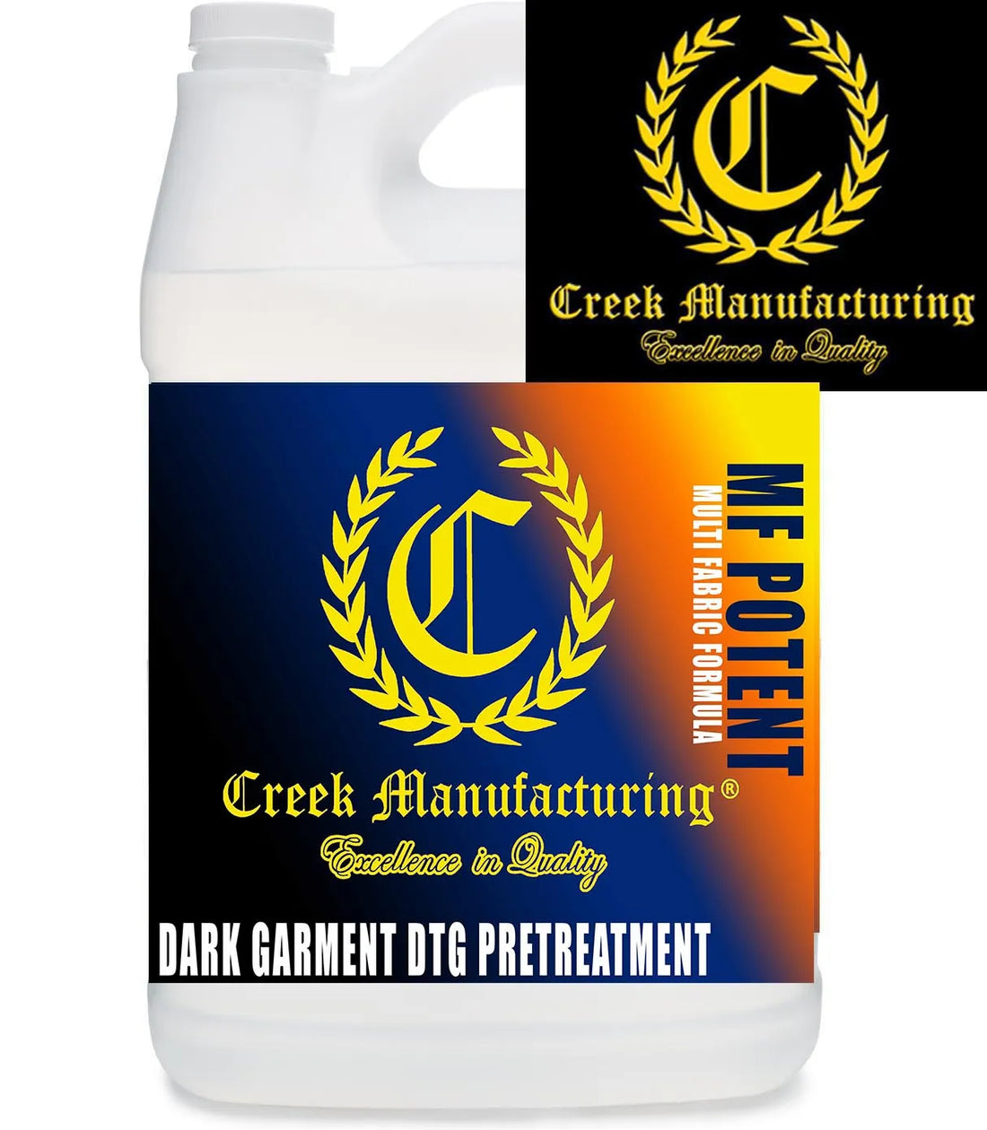 Creek MF-Multi Fabric POTENT DARK Garment DTG Pretreat on white jug with blue/orange labels DTG Printer Parts for retrofit