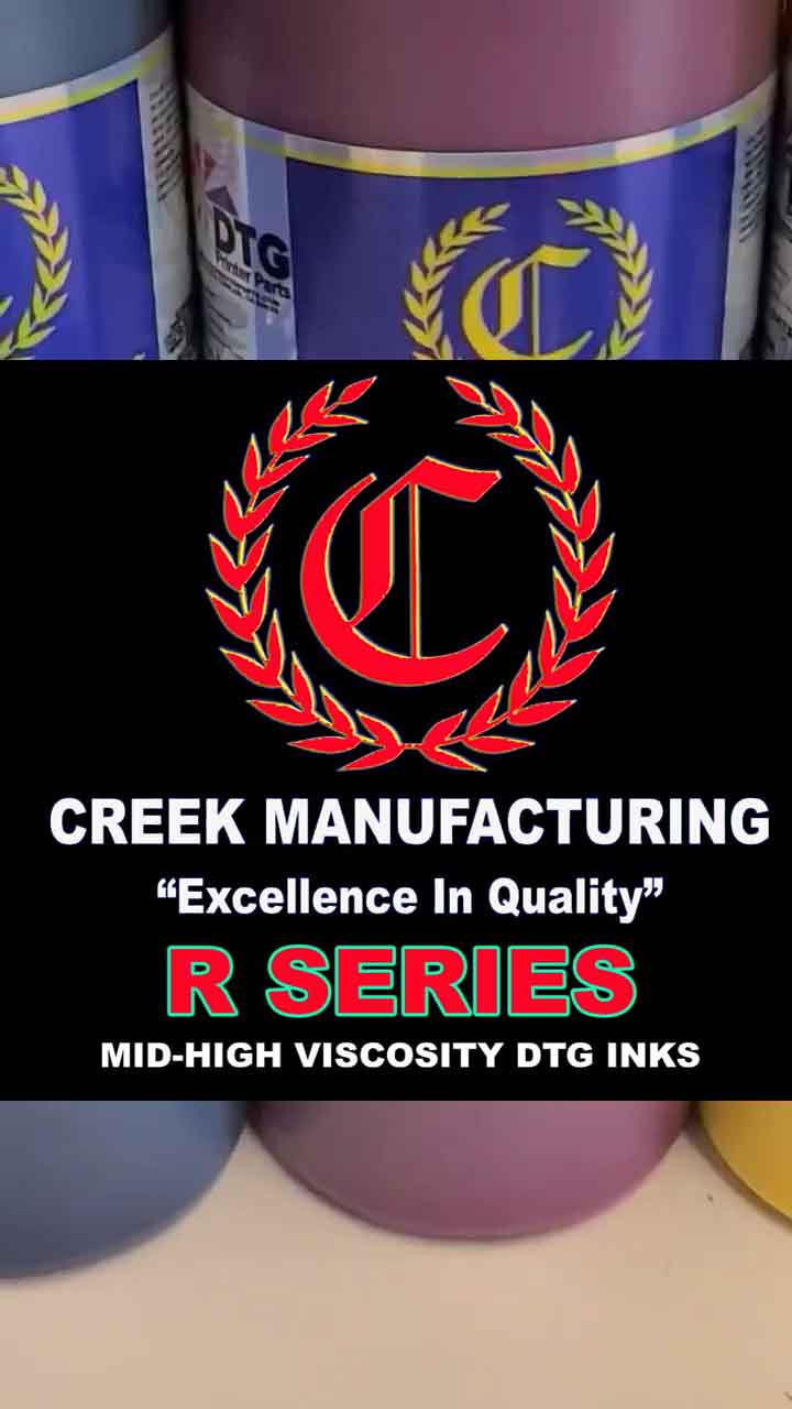 Creek Manufacturing ink bottles with logo and text on a black background