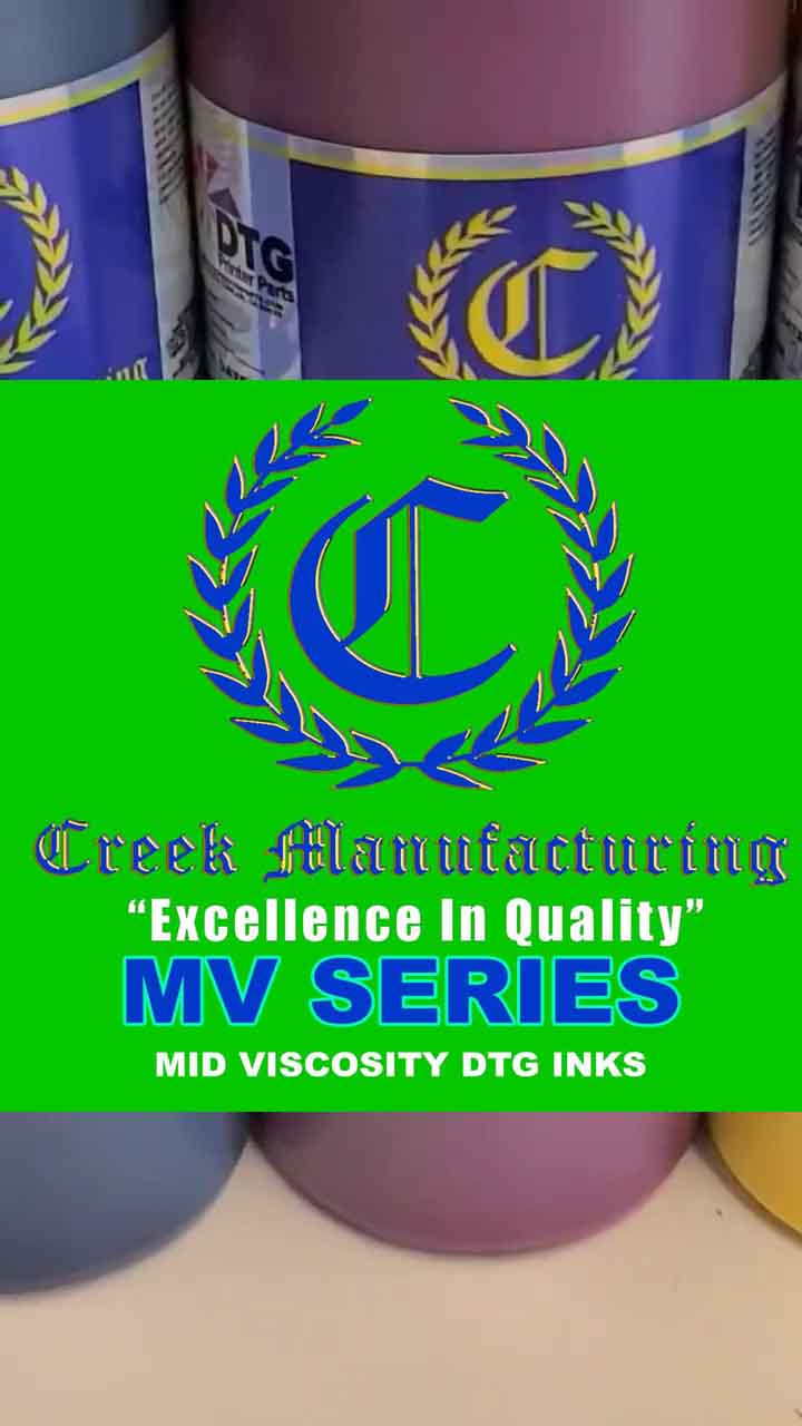 Bottles of Creek Manufacturing DTG inks with a green banner displaying the brand logo and text.