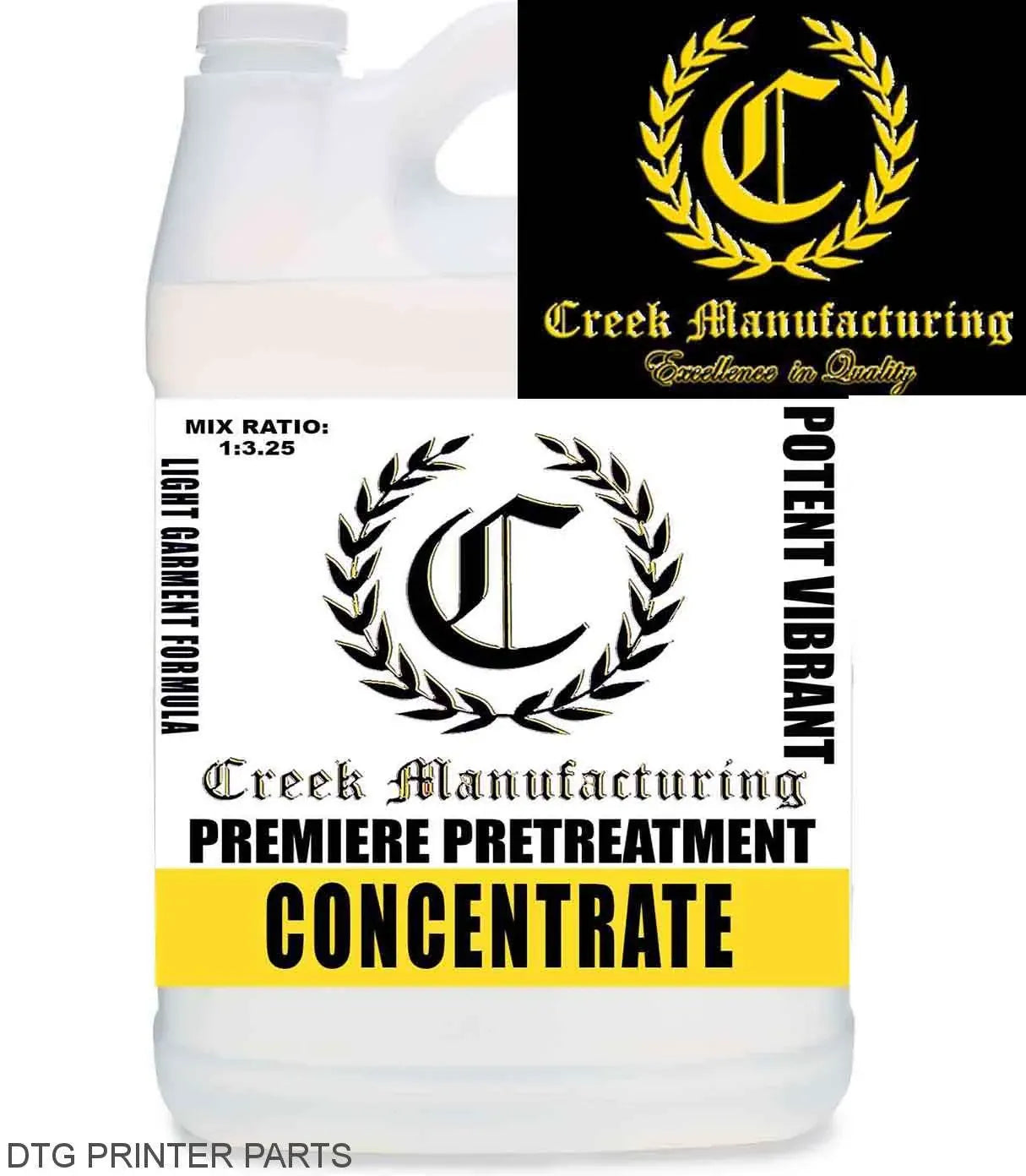 DTG Printer Parts Creek Premiere POTENT Premiere Light DTG Pretreat CONCENTRATED white bottle with black crest yellow label